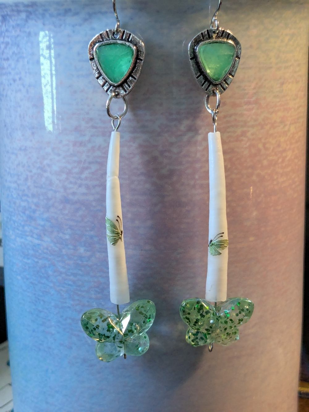 Handmade Shell & Green Butterfly Drop Earrings